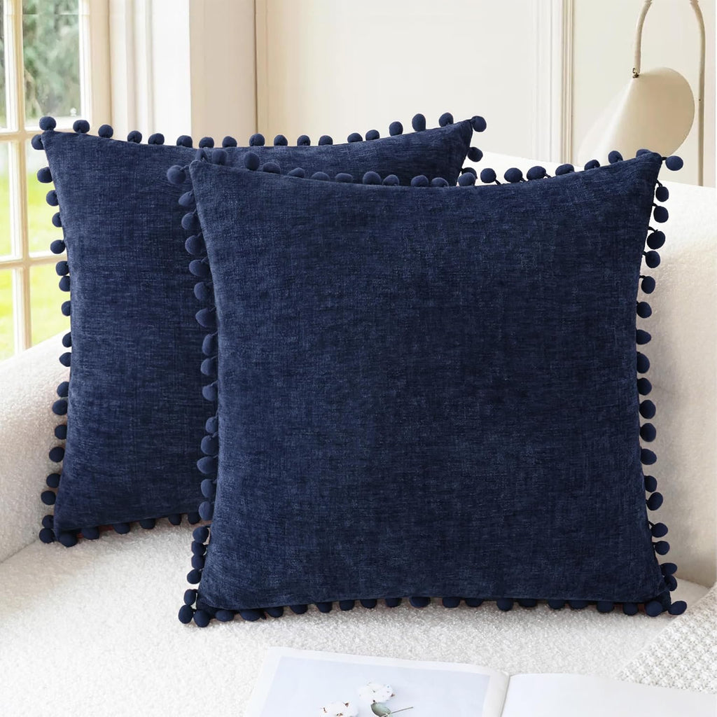 CaliTime Throw Pillow Covers Decorative 22 X 22 Inches Pack of 2 Cozy Solid Dyed Soft Chenille Cushion Cases with Pom Poms for Couch Sofa Bed Living Room Home Navy Blue