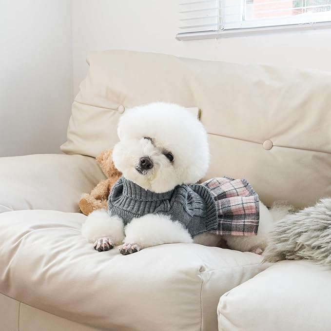 WOYYHO Girl Dog Sweater Dress with Bowtie Turtleneck Small Dogs Sweater with Leash Hole, Knitted Small Dog Sweaters Dress Puppy Winter Clothes for Yorkies Chihuahua (Large, Gray)