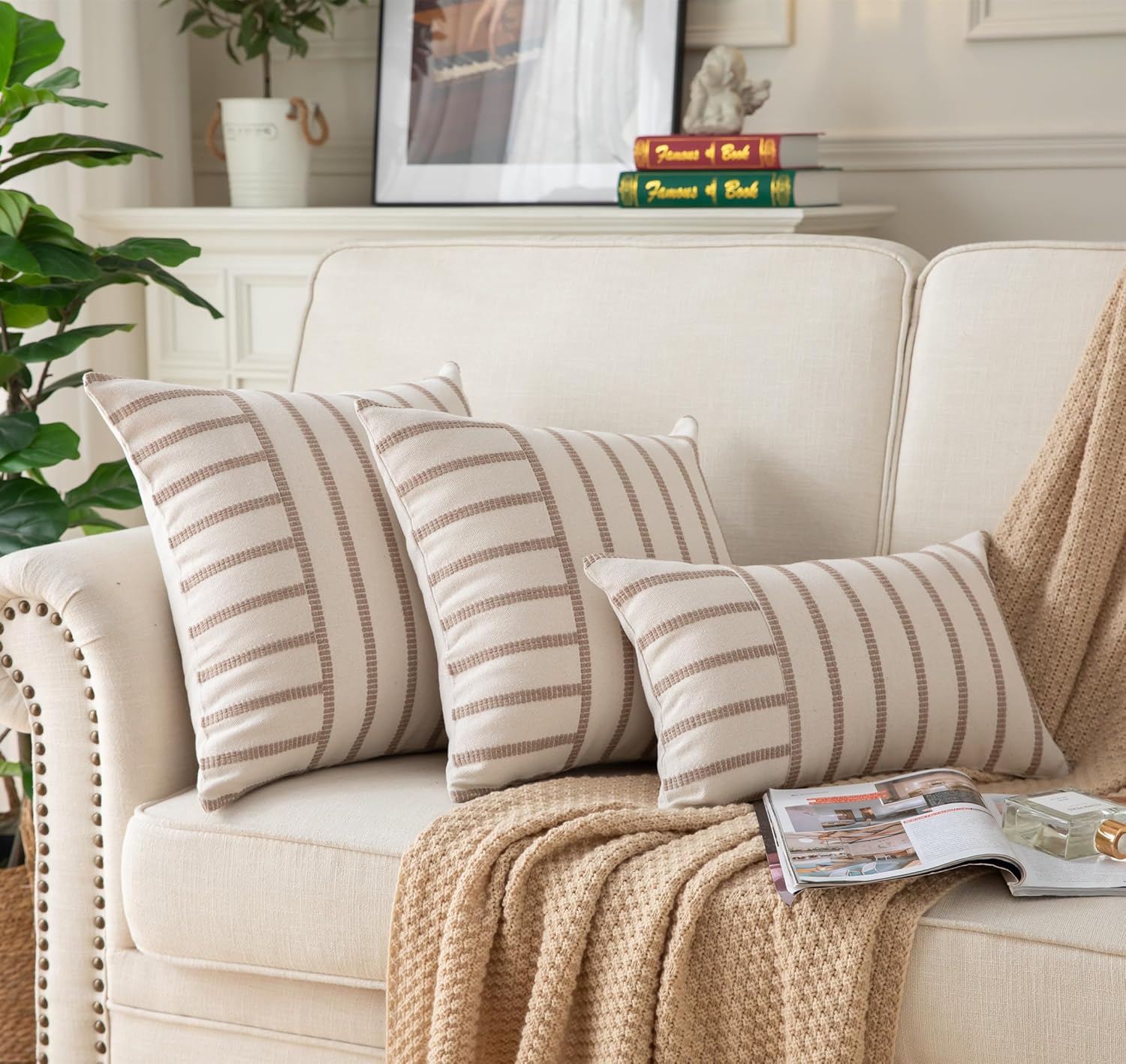 Caflife Boho Throw Pillow Covers 12x20 Set of 2 Soft Farmhouse Decorative Couch Pillow Cases Beige Striped Pillow Covers Neutral Cushion Covers for Sofa Bed Living Room Home Decor