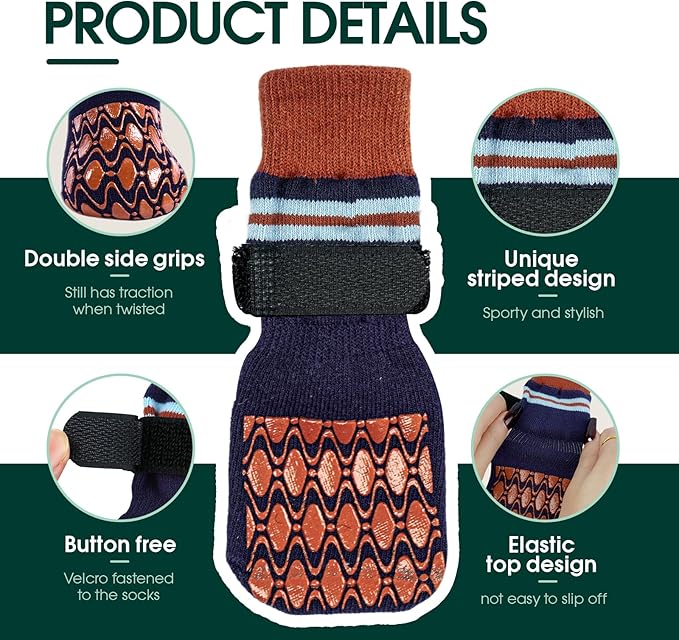 Kuoser Non Slip Dog Socks for Hardwood Floors, 4Pack Anti-Slip Dog Grippy Socks to Prevent Licking Paws, Dogs Booties Paw Protectors with Double-Sided Traction for Small Medium Large Senior Dogs, S