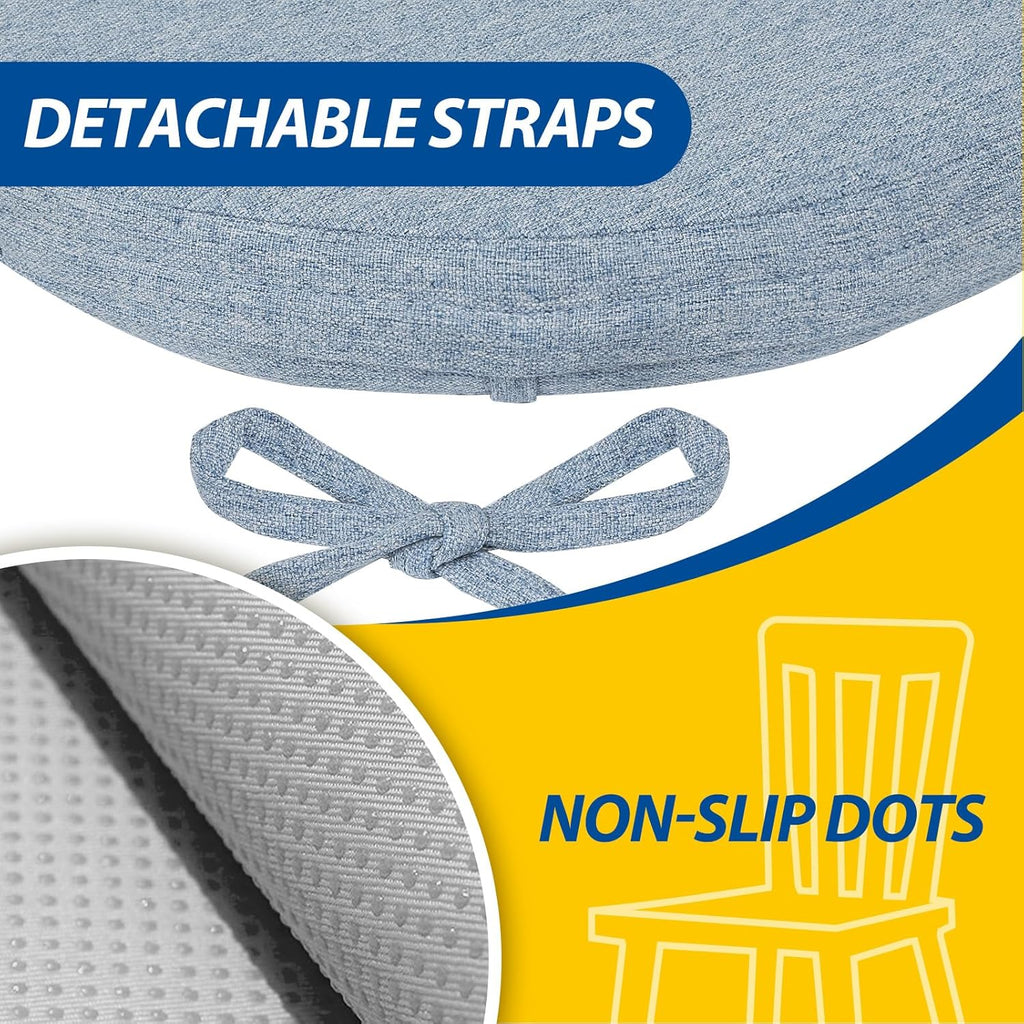 AAAAAcessories D-Shaped Chair Cushions, 2" Thick Dining Chair Pads with Ties and Removable, Machine-Washable Cover, 17" x 16", Set of 6, Light Blue
