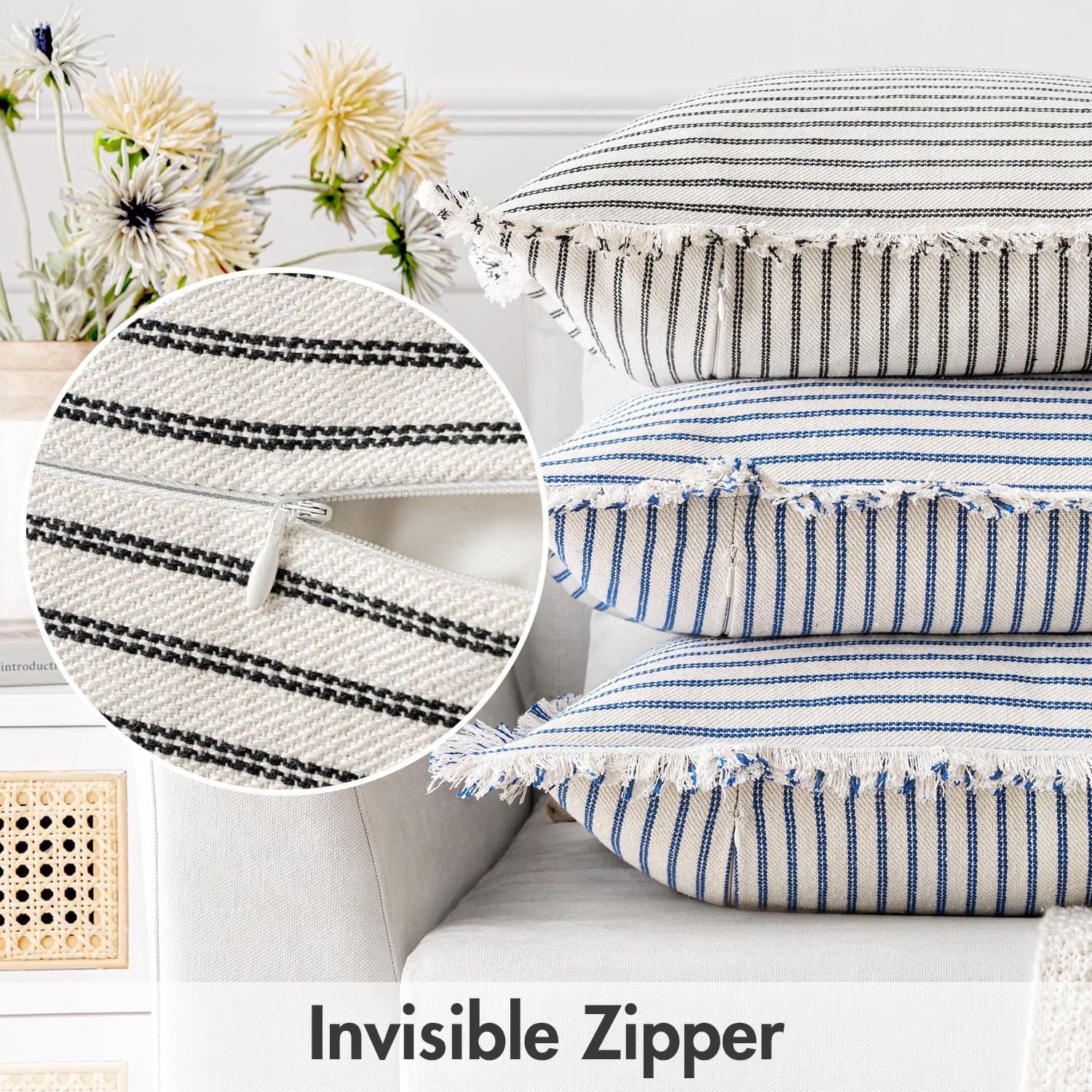 MIULEE Pack of 2 Black Pillow Covers 22x22 Inch Striped Farmhouse Couch Throw Pillow Covers with Fringe Chic Linen Decorative Cushion Covers for Sofa Living Room Bed Outdoor Home Decor