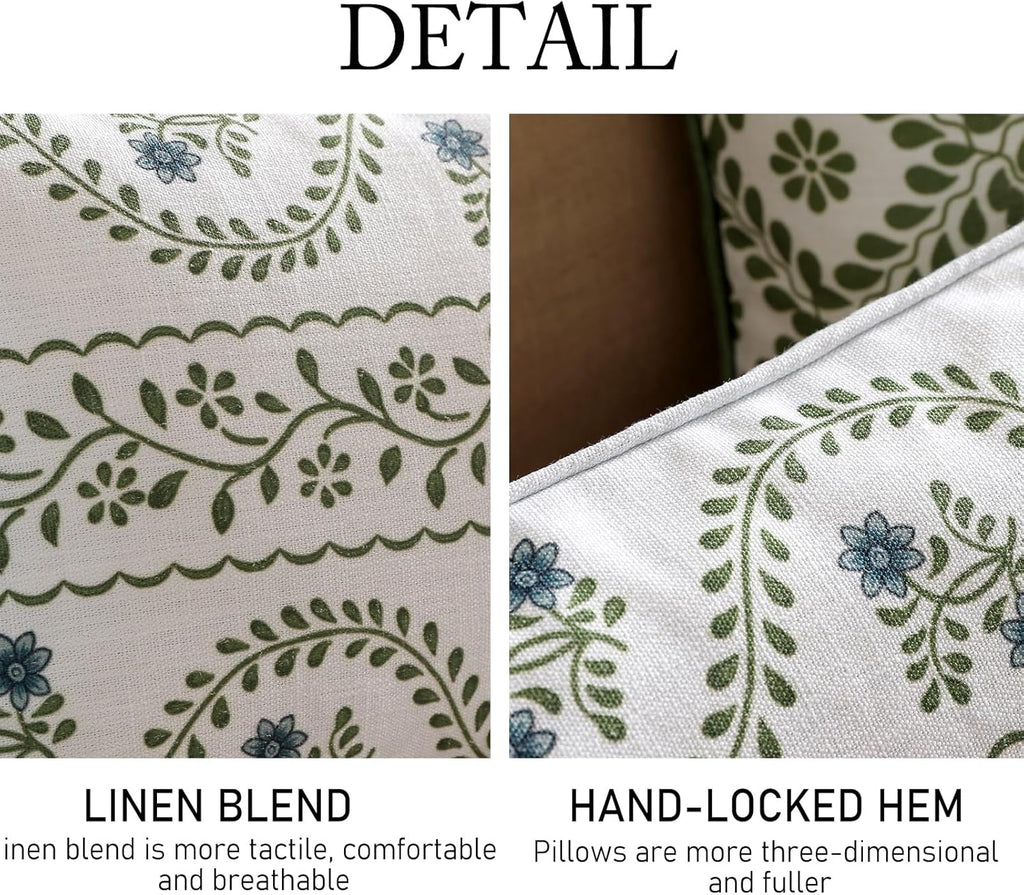 ISAENNE Design Fresh Linen Rectangle Throw Pillow Covers 12"x20", French White Cottage Cushion Covers with Green Branches Pattern Decoration Pillowcases for Bed,Living Room,Outdoor,Car