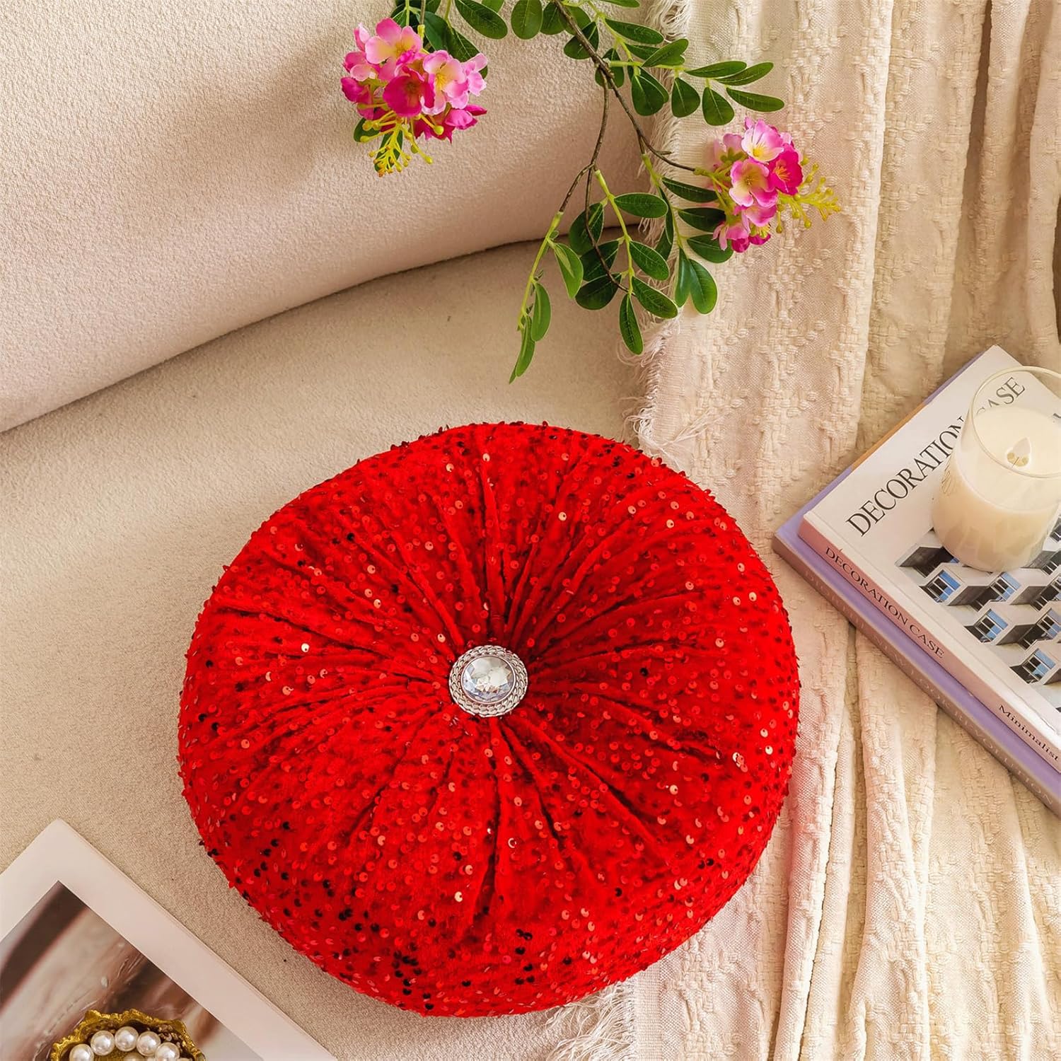 Round Throw Pillow, 13.7in Soft Solid Color Sequin Glitter Decorative Round Pillow Circle Floor Pillows Cushions for Sofa Bed Chair Living Room Floor Car Home Decoration, Red