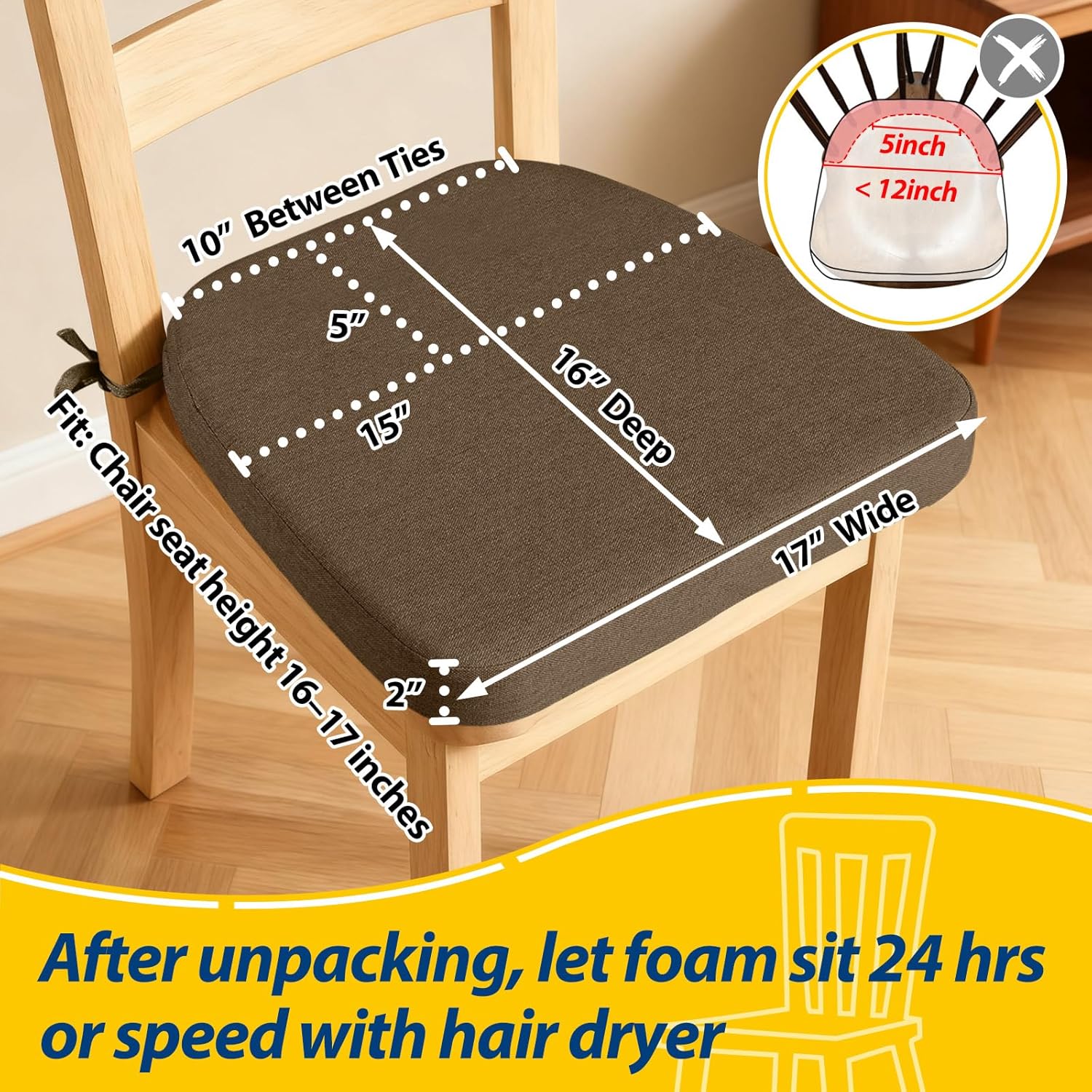 AAAAAcessories D-Shaped Chair Cushions, 2" Thick Dining Chair Pads with Ties and Removable, Machine-Washable Cover, 17" x 16", Taupe