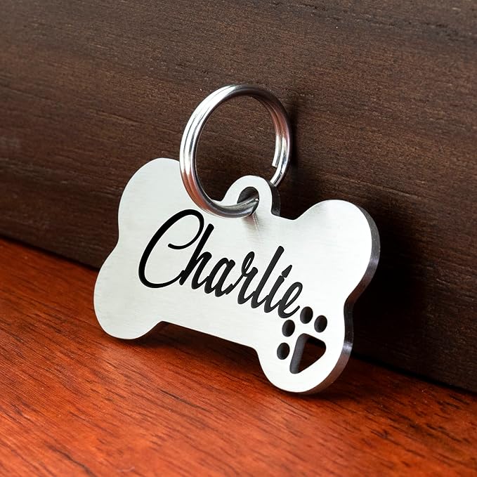 Ultra Joys Dog Tags Personalized for Pets - Hollow Paw Custom Pet ID Tag - Engraved Dog Tag for Small, Large Dogs - Large Bone in Silver