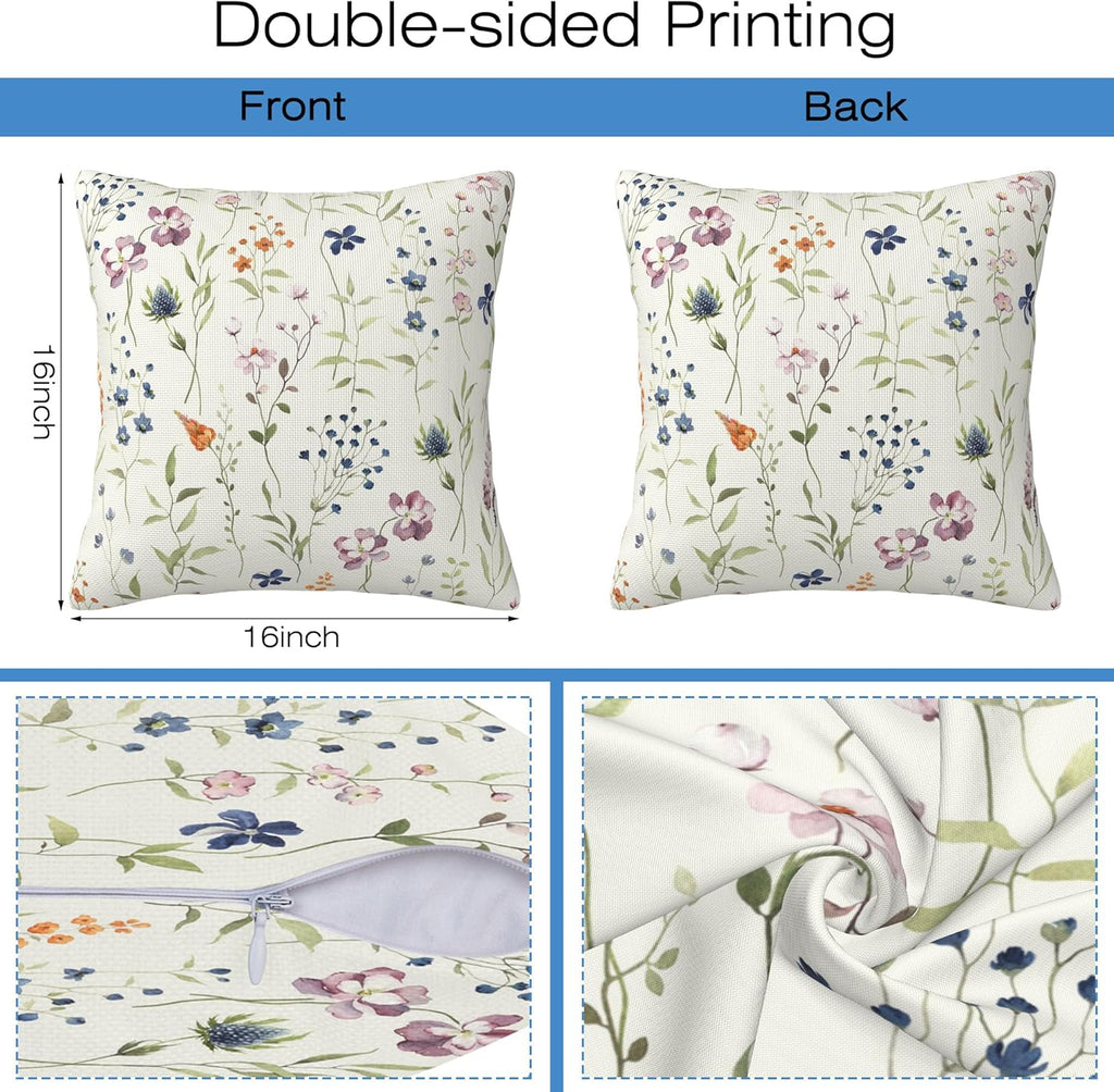 Throw Pillow Covers Spring Summer Floral Pillow Covers 16x16 Inch Set of 2 Watercolor Flowers Throw Pillows Decorative Pillow Cases Cushion Covers for Bedroom Livingroom Sofa Farm House