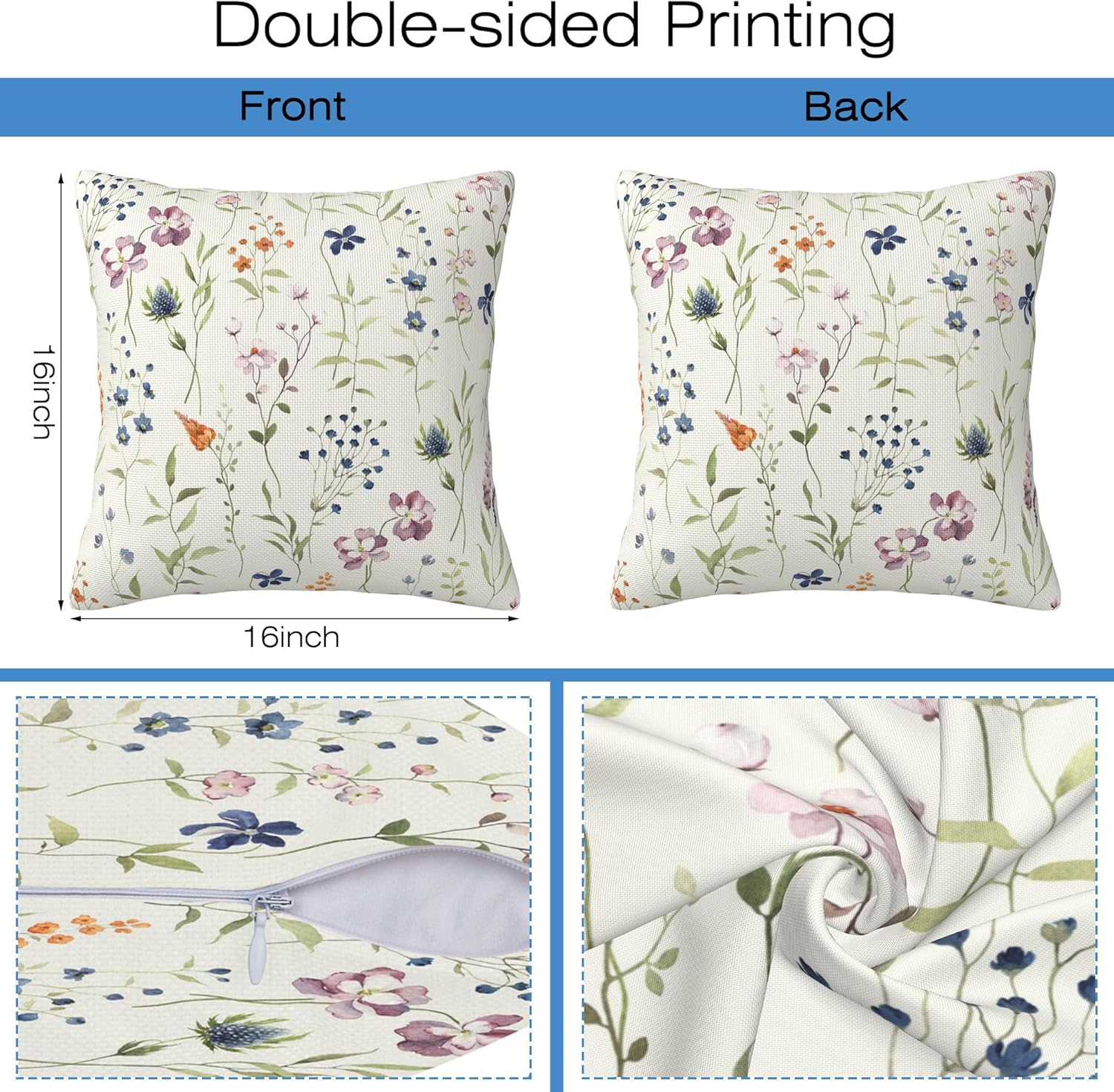 Throw Pillow Covers Spring Summer Floral Pillow Covers 16x16 Inch Set of 2 Watercolor Flowers Throw Pillows Decorative Pillow Cases Cushion Covers for Bedroom Livingroom Sofa Farm House