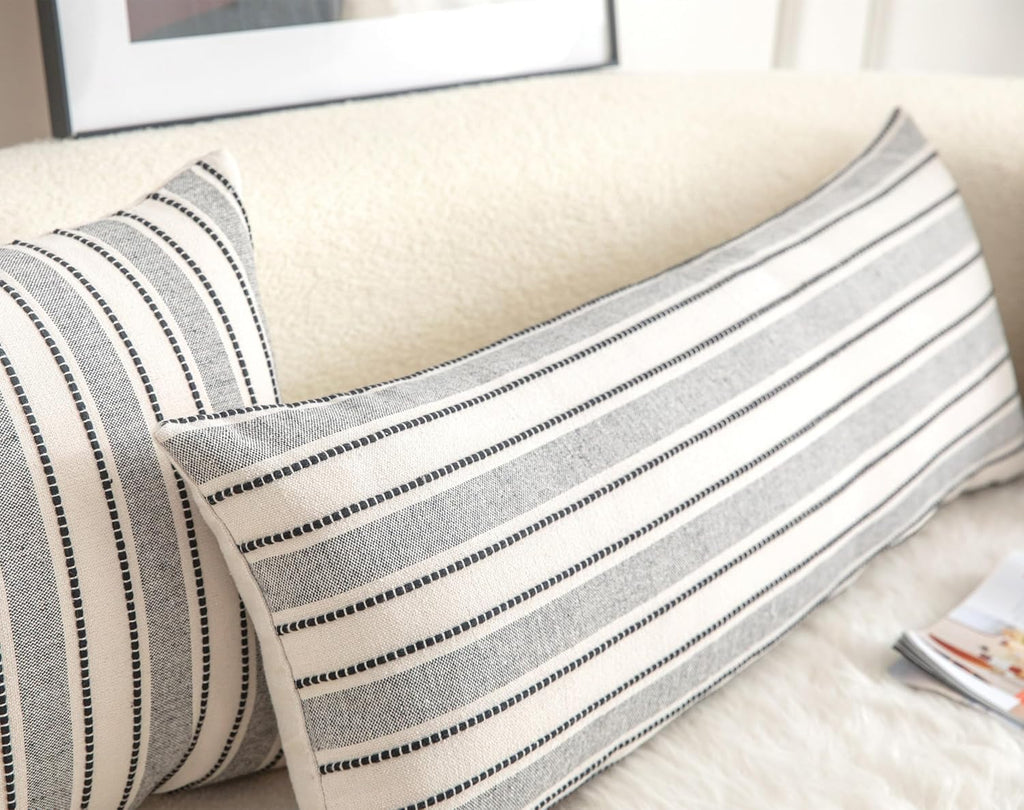 Decorative Boho Lumbar Pillow Covers, Modern Farmhouse Couch Pillowcase, 14 x 36 Long Accent Body Throw Pillow Covers, Sofa Bed Living Room Decor Cushion Case, Black and Beige, Pack of 1