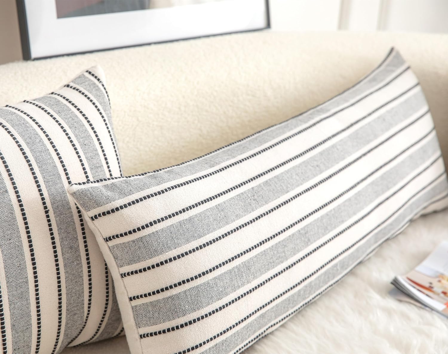 Decorative Boho Lumbar Pillow Covers, Modern Farmhouse Couch Pillowcase, 14 x 36 Long Accent Body Throw Pillow Covers, Sofa Bed Living Room Decor Cushion Case, Black and Beige, Pack of 1