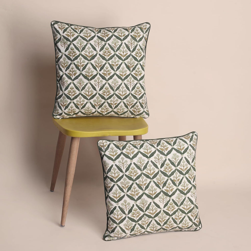 SheetKart Pure Cotton Throw Pillow Covers - Set of 2 - Hand Block Pure Cotton Printed Boho Decorative Pillow Covers - Cushion Covers for Living Room, Bohemian Theme, 18 x 18 Inches, Sagewood Olive