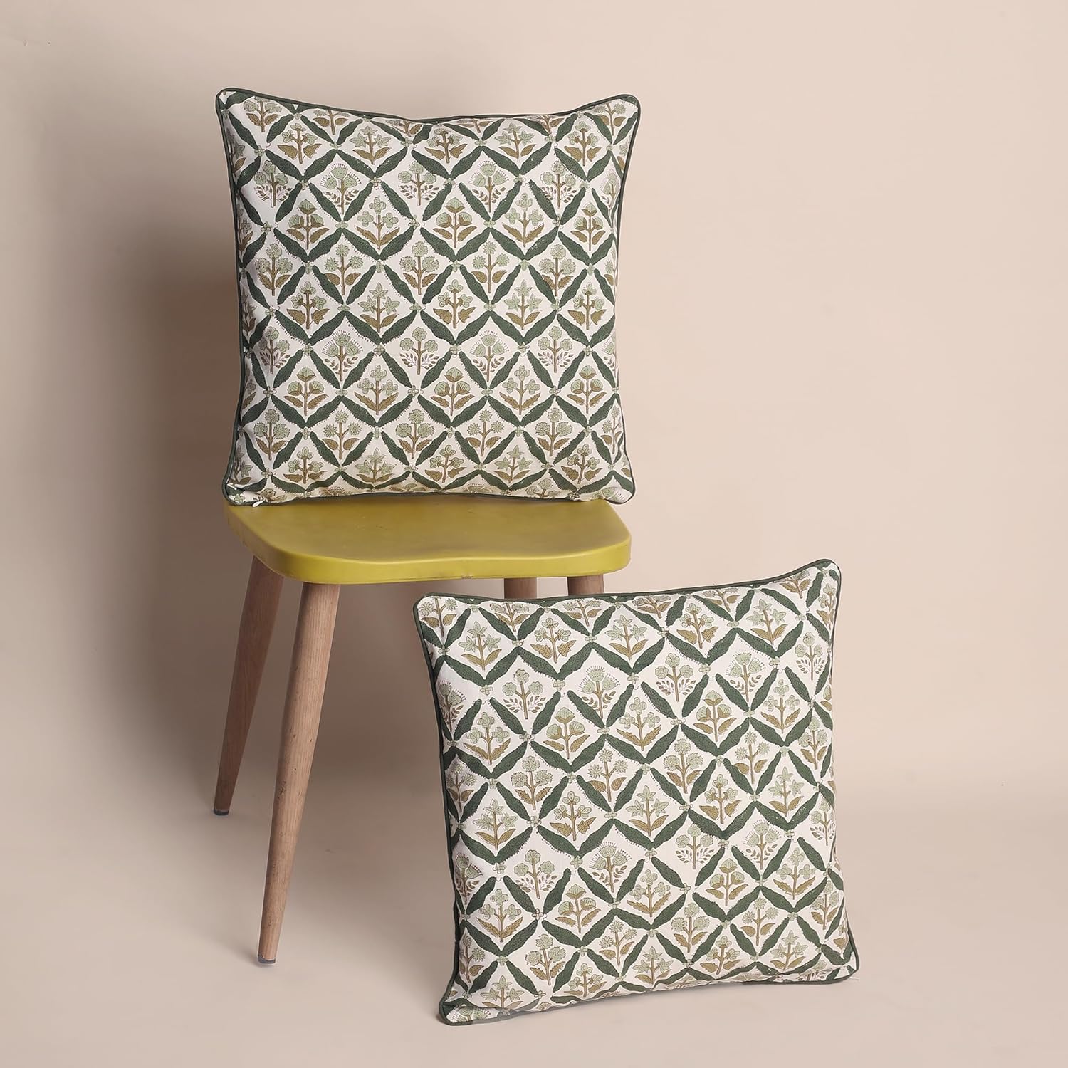 SheetKart Pure Cotton Throw Pillow Covers - Set of 2 - Hand Block Pure Cotton Printed Boho Decorative Pillow Covers - Cushion Covers for Living Room, Bohemian Theme, 18 x 18 Inches, Sagewood Olive