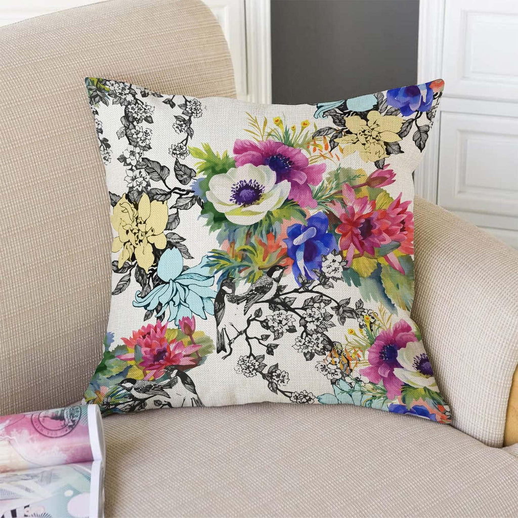 TSSOHU Throw Pillow Cover Vivid Colorful Garden Print Blossoming Wildflowers Birds Leaves Branches Decorative Throw Pillow Case Square 18" x 18" Home Couch Bed Pillowcase