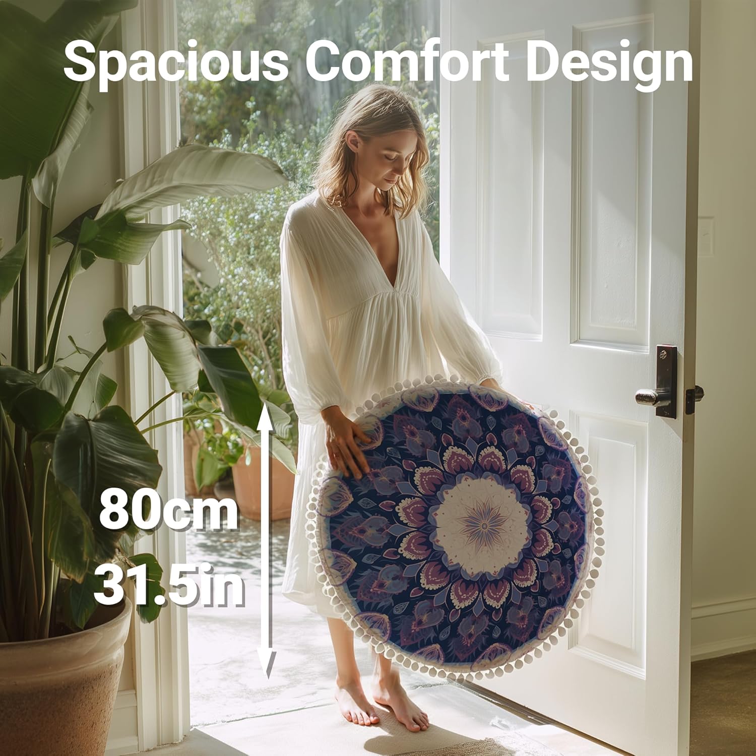 32-Inch Round Meditation Cushion for Adults – Extra-Thick Large Floor Pillow with Premium Filling, Bohemian Mandala Circle Cushion for Yoga, Living Room (1, Purple, Extra Large)