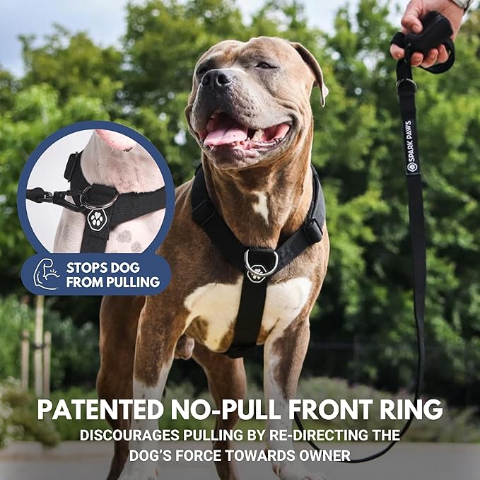 Spark Paws No Pull Dog Harness for Large Dogs, Heavy Duty Dog Harness for Big Strong Breeds, Adjustable, Y Shaped Padded Halter Design with Front Clip - Black - L
