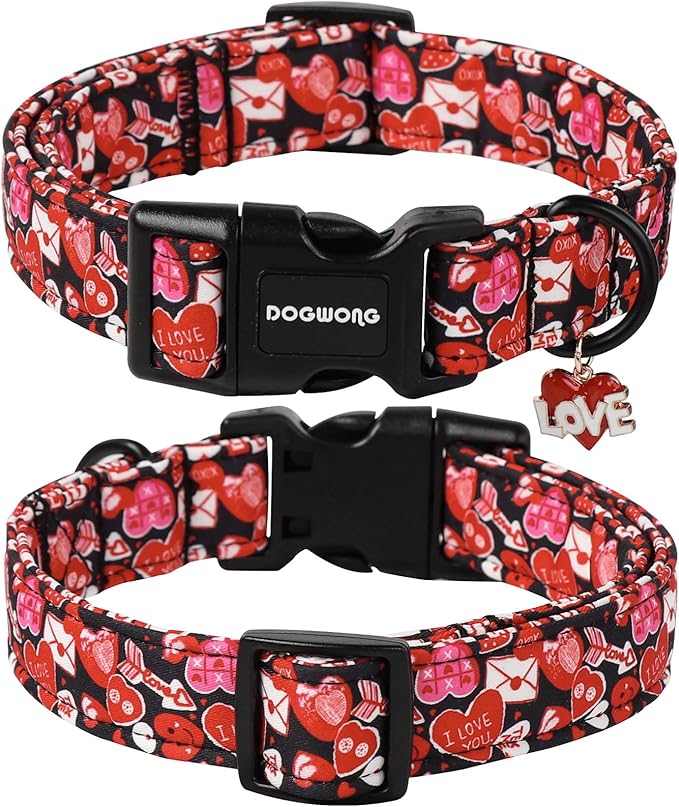 DOGWONG Valentine Dog Collar- Cute Red Heart Dog Collars Adjustable Durable Designer Valentine’s Day Dog Collar for Small Medium Large Dogs XL