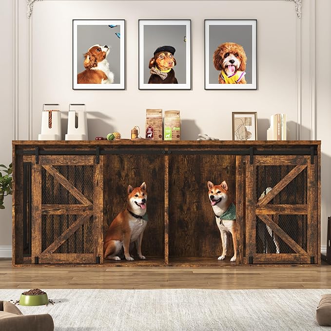 87In Farmhouse Dog Crate TV Stand, Wooden Dog Kennel Furniture with Sliding Metal Mesh Barn Door, Large Dog Crate Furniture for 2 Dogs, Solid Metal Tube & 2 Lockable Doors, Rustic Brown