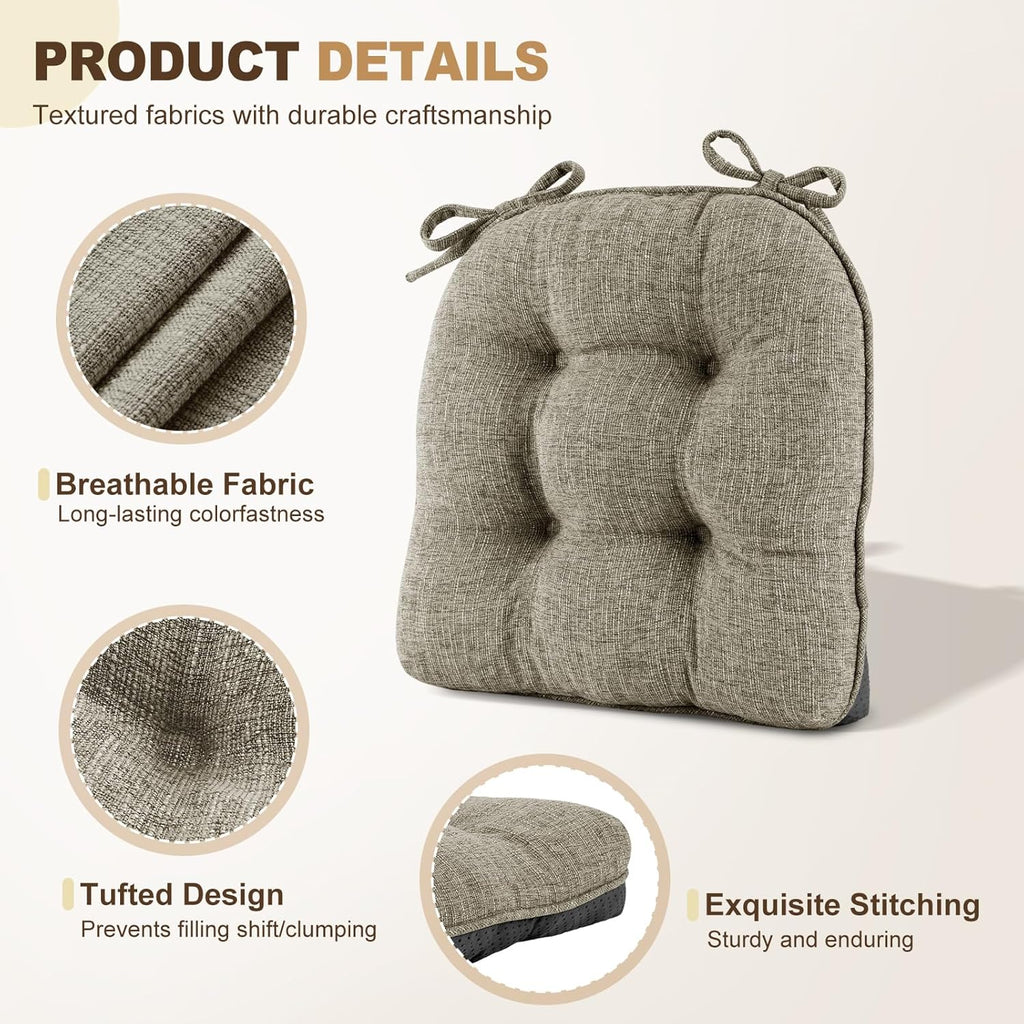 downluxe Indoor Chair Cushions for Dining Chairs, Tufted Overstuffed Textured Foam Kitchen Chair Pads with Ties and Non-Slip Backing, 15.5" x 15.5" x 4", Khaki, 6 Pack