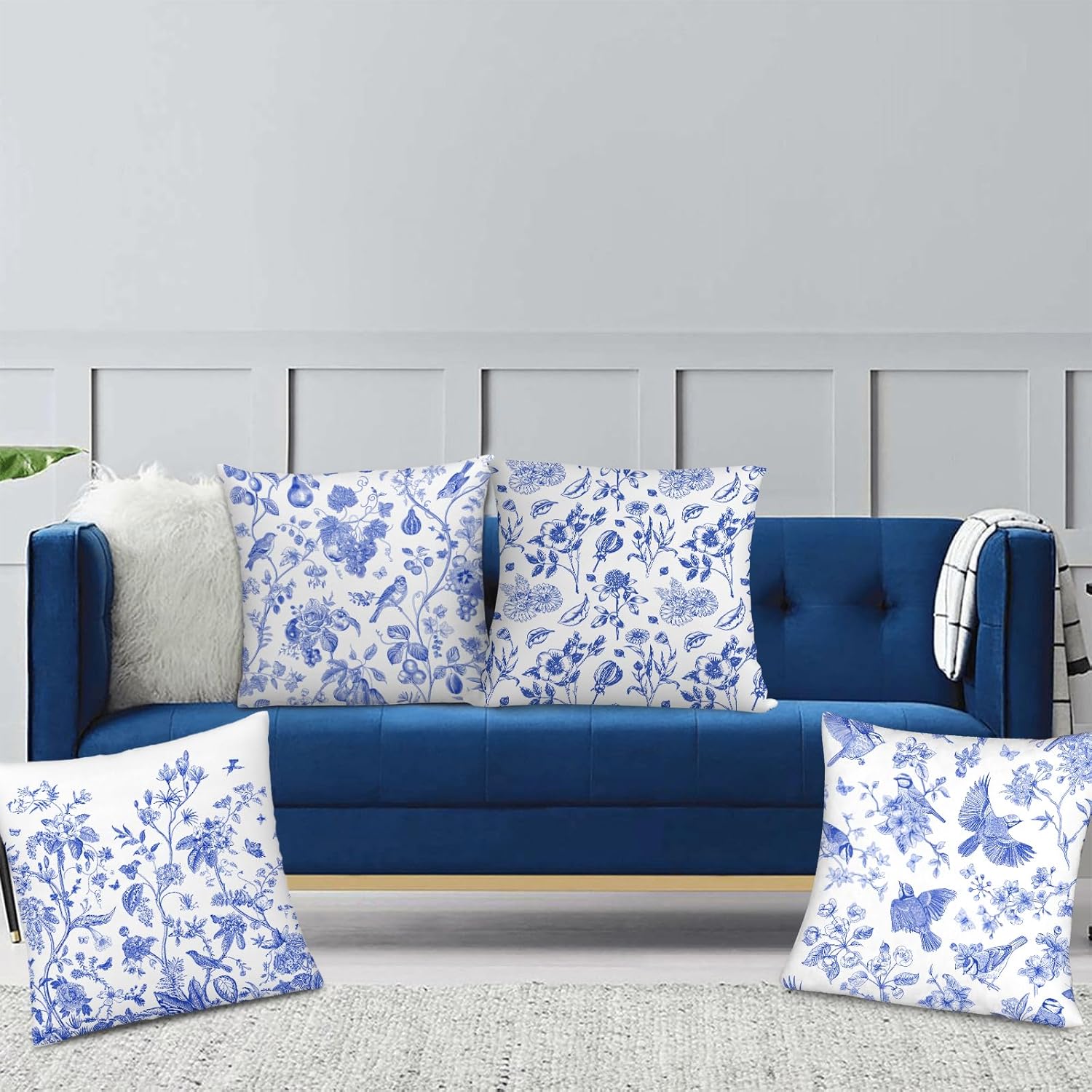 Blue Floral Bird Pillow Covers 18x18 Inch, Chinoiserie Throw Pillow Cases Set of 4 Spring Summer Flower Decorative Pillowcases for Couch Bed Sofa Cushion Living Room, Chinoiserie Decor