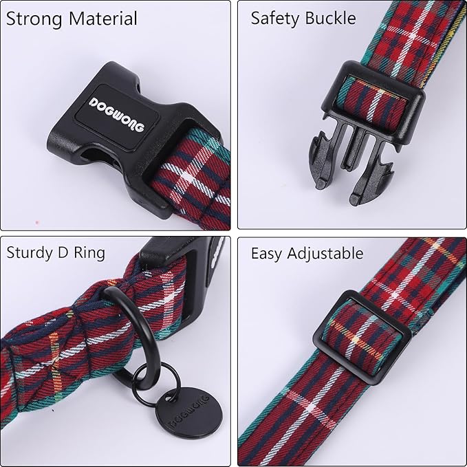 DOGWONG Christmas Cotton Dog Collar, Blue Tartan Christmas Dog Collar Durable Soft Fabric Pet Dog Collars Cute Blue Plaid Puppy Necklace for Small Medium Large Dogs