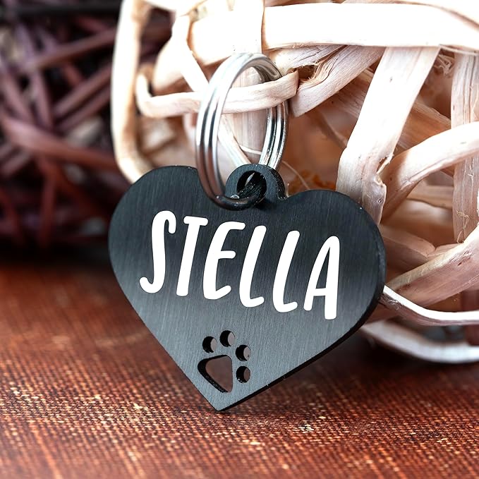 Ultra Joys Dog Tags Personalized for Pets - Hollow Paw Custom Pet ID Tag - Engraved Dog Tag for Small, Large Dogs - Large Heart in Black