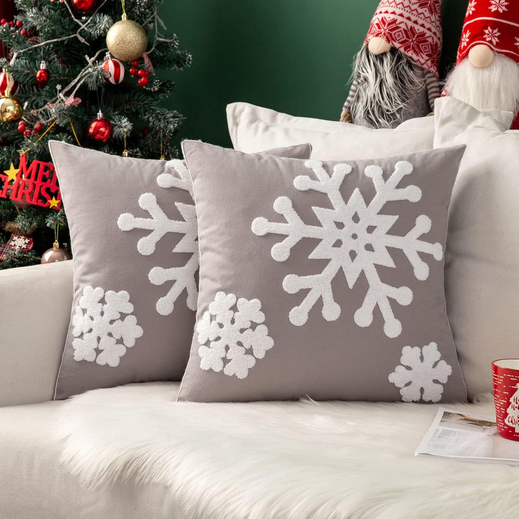 MIULEE Pack of 2 Christmas Decorative Snowflake Throw Pillow Covers Canvas Embroidery Winter Cushion Cases Holiday Decor Soft Pillowcases for Winter Couch Sofa Bedroom Car（Grey, 16x16in）