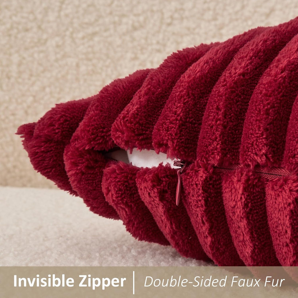 Kevin Textile Soft Plush 12x20 Inch Lumbar Pillow Cover 1 Pack, Christmas Luxury Fluffy Faux Fur Striped Flannel Rectangle Cushion Case for Couch Sofa Chair Bed Home Decor, Burgundy