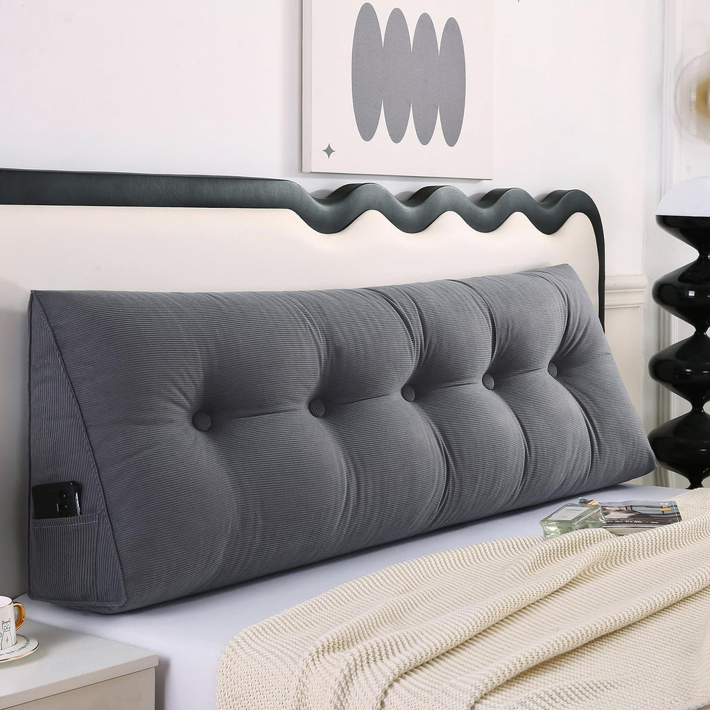 Husband headboard Pillow Large Back Rest Support Reading Pillows for Sitting in Bed for Adults Triangle Velvet Wedge Pillow headboard Full Size, Grey