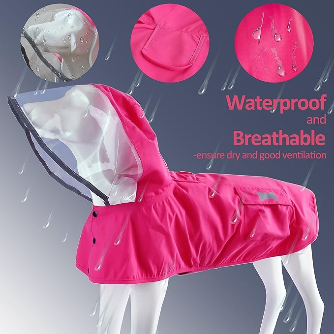 Waterproof Dog Raincoat, Adjustable Reflective Lightweight Pet Rain Clothes with Poncho Hood (X-Large, Dark Pink)