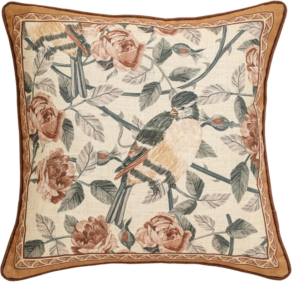 patdrea Designer Vintage Floral Throw Pillow Covers for Couch,Brown Yellow Linen Pillowcases with Bird and Rose Pattern Decorative Square Cushion for Bed Living Room Outdoor Cafe Car,18"x18"