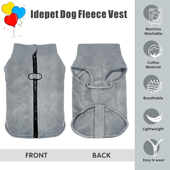 Idepet Dog Fleece Vest Sweater Zip Up Warm Pullover Dogs Jacket with D-Ring Leash Winter Cold Weater Coat Pet Sweatershirt Clothes Hoodie for Small Medium Dogs Boy Girl (Gray, L)