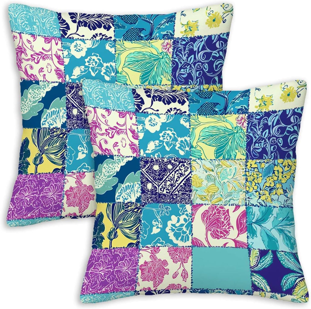 Throw Pillow Covers 18x18 Set of 2,Patchwork-Inspired Print Cushion Covers, Decorative Square Pillowcases for Couch, Bedroom, Living Room