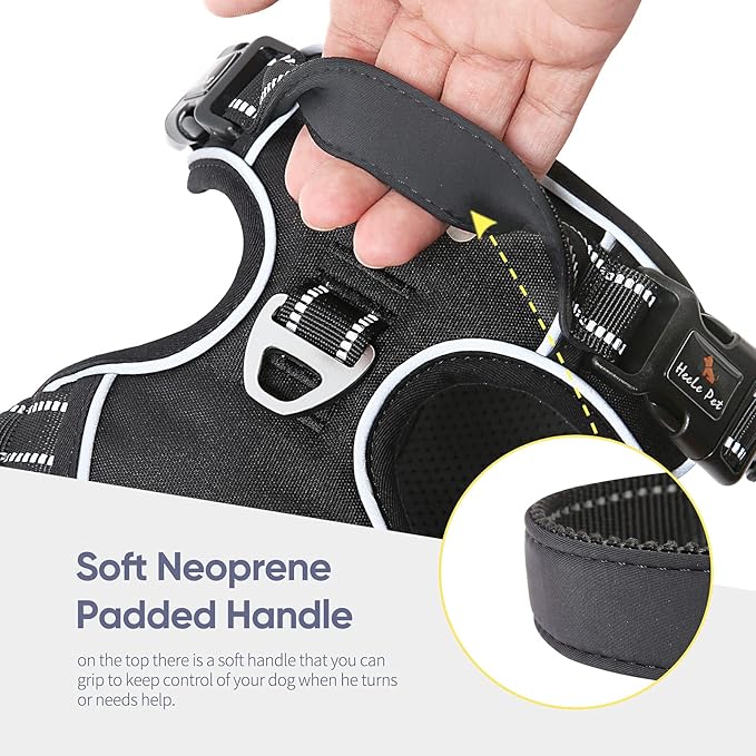 HEELE Dog Harness, No Pull Adjustable Padded Reflective Harness for Small Medium Large Dogs with Handle for Walking Training, Black, M