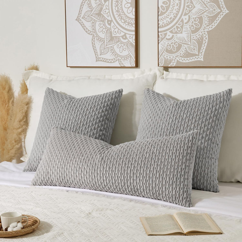 Kevin Textile 14x36 Inch Long Lumbar 1 Pack Boho Decorative Throw Pillow Cover Soft Striped Corduroy Rectangle Cushion Case Farmhouse Solid Color Accent for Living Room Couch Sofa Bed, Light Grey