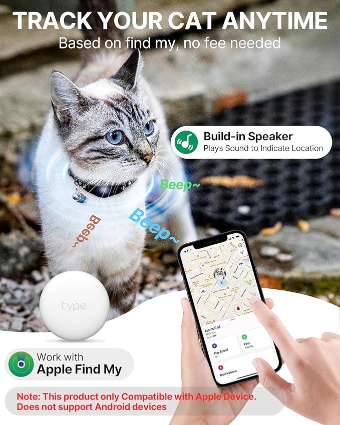 Cat Tracker Collar Waterproof Airtag Cat Collar with Finder Tag (iOS ONLY Not for Android Devices), Compatible with Apple Find My, Breakaway Tractive with Reflective Pattern & Bell, Black, 8-12"
