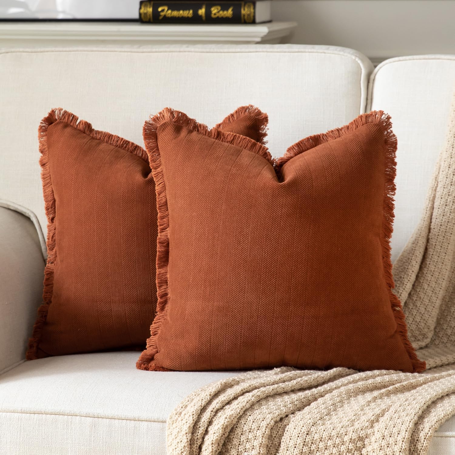 Set of 2 Decorative Fringe Throw Pillow Covers Chenille Pillow Covers Elegant Design Pillowcase Soft Tassels Cushion Cover for Couch Bed Home Decor,16×16 Inch,Rust