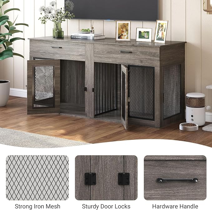 71 Inch Dog Crate Furniture for 2 Dogs，XXL Thick Wooden Double Kennel TV Stand w/Removable Divider - Heavy Duty Indoor Cage for Large Breeds (Gray, 71L* 23.6W* 33.5" H)