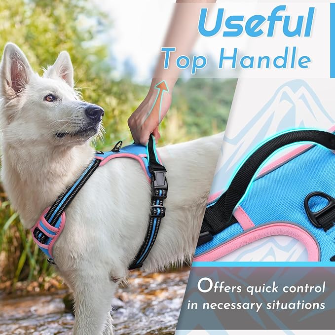Eagloo Dog Harness for Large Dogs, No Pull Service Vest with Reflective Strips and Control Handle, Adjustable and Comfortable for Walking, No Choke Pet Harness with 2 Metal Rings, Pink & Blue, L