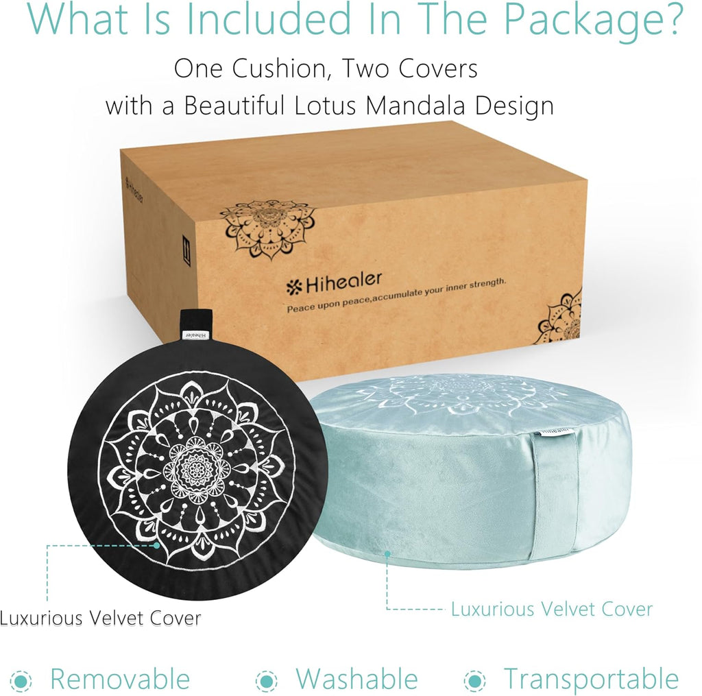 Hihealer Meditation Cushion, Traditional Tibetan Meditation Pillow Velvet Cover - Large Floor Cushion Seating for Adults - Yoga Buckwheat Bolster for Women、Moms
