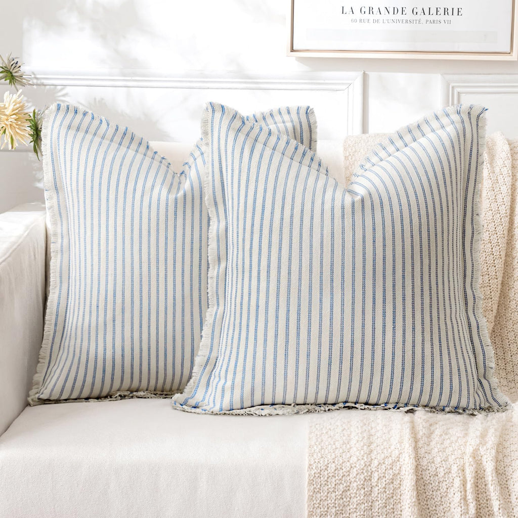 MIULEE Pack of 2 Light Blue Pillow Covers 24x24 Inch Striped Farmhouse Couch Throw Pillow Covers with Fringe Chic Cotton Decorative Cushion Eruo Sham for Sofa Living Room Bed Outdoor Home Decor