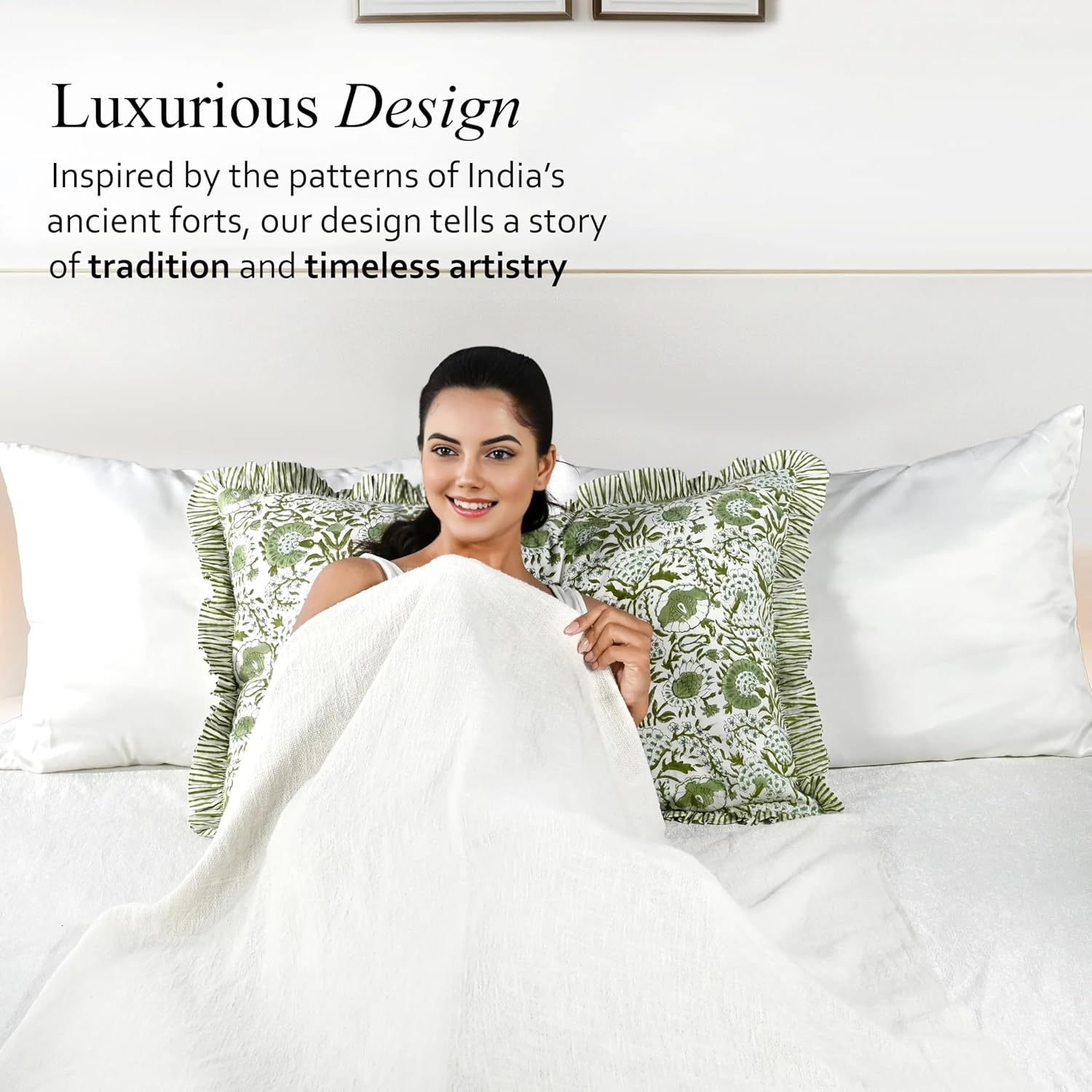 CPC Agate Green 100% Cotton Block Print Ruffle Sham Cover 20X30 inch Pack of 2, Handmade Boho Floral Pillowcase, Soft Decorative Queen Bed Pillow Cover for Bedroom Décor