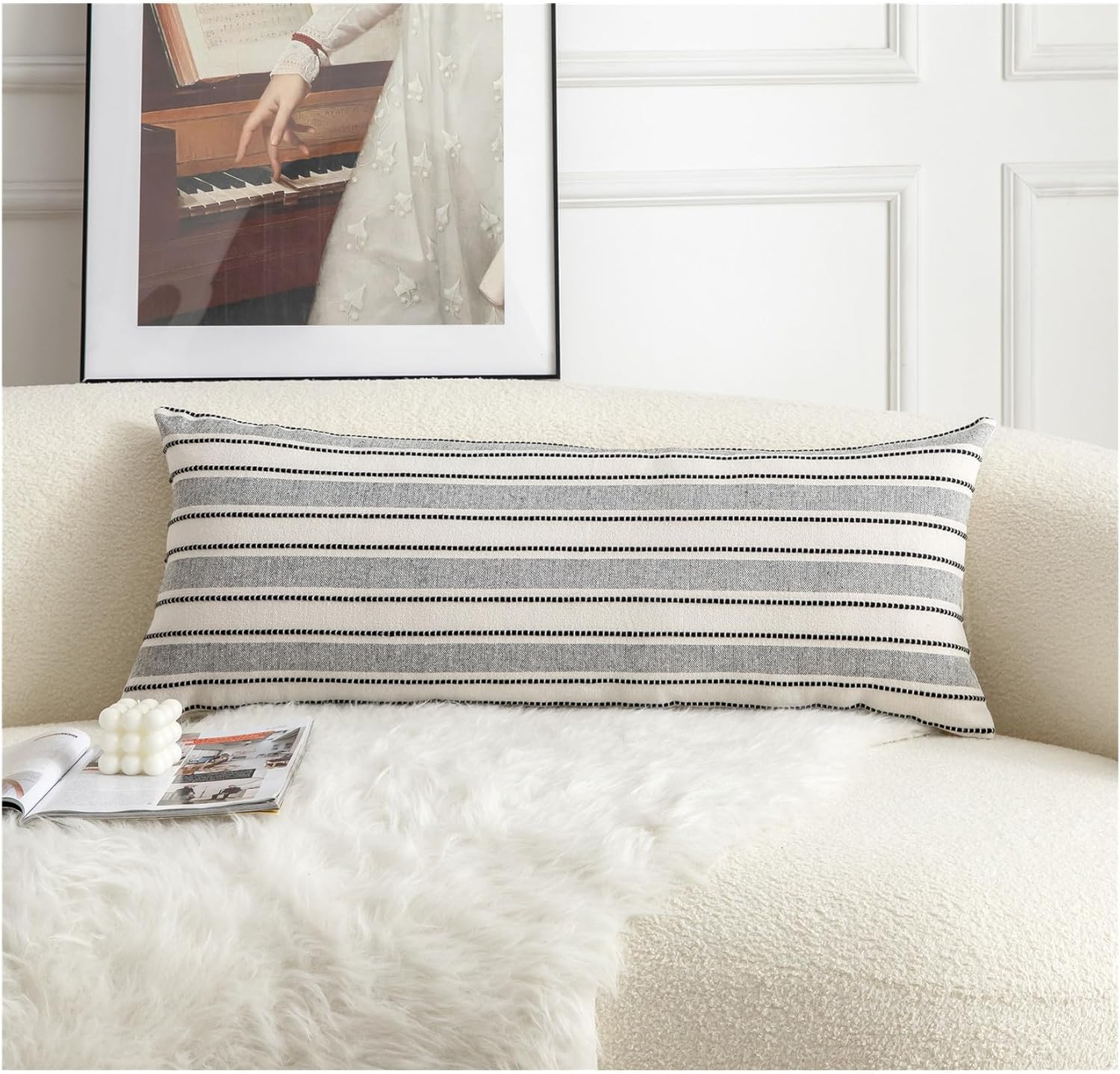 Decorative Boho Lumbar Pillow Covers, Modern Farmhouse Couch Pillowcase, 14 x 36 Long Accent Body Throw Pillow Covers, Sofa Bed Living Room Decor Cushion Case, Black and Beige, Pack of 1