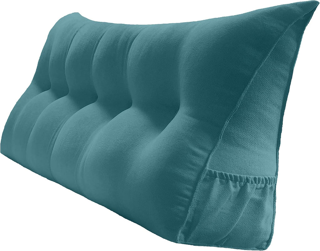 Triangular Reading Bed Rest Pillow Large Bolster Cushion Headboard Backrest Wedge Pillow with Removable Cover and Two Large Side Pockets (Teal Blue, California King: 71 x 8 x 20 inches)