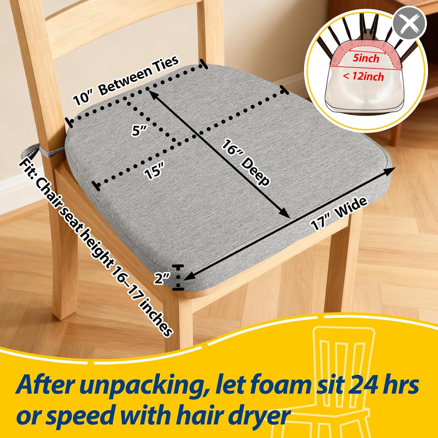 AAAAAcessories D-Shaped Chair Cushions, 2" Thick Dining Chair Pads with Ties and Removable, Machine-Washable Cover, 17" x 16", Light Gray