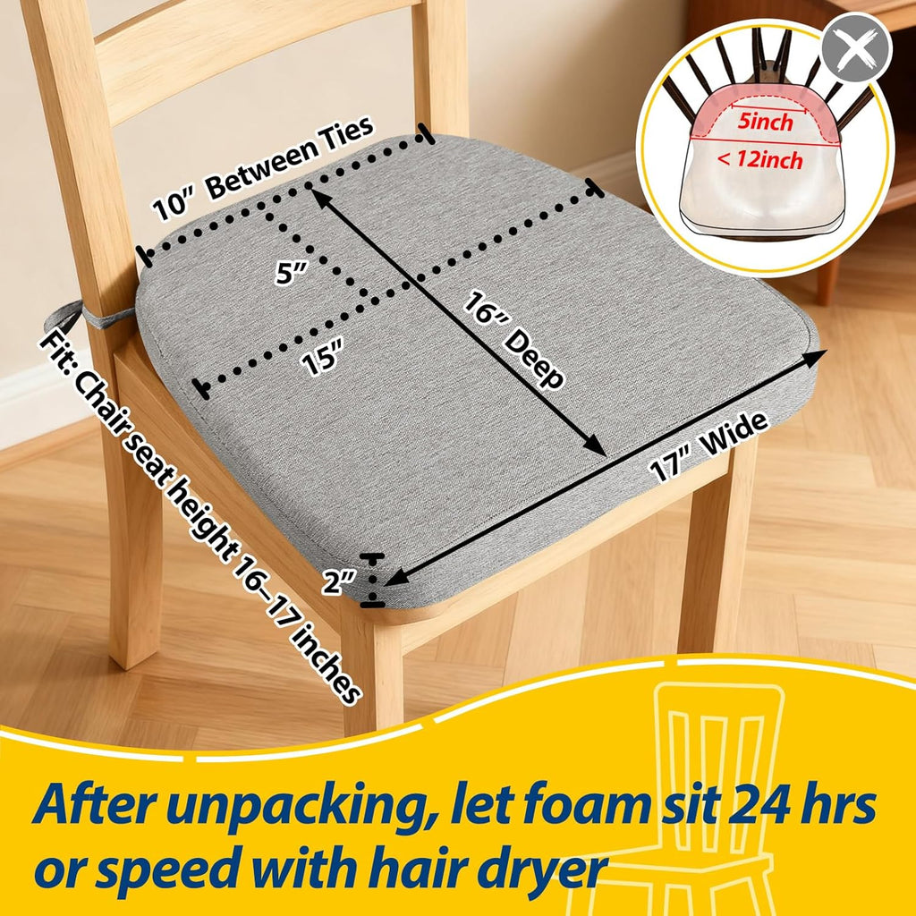 AAAAAcessories D-Shaped Chair Cushions, 2" Thick Dining Chair Pads with Ties and Removable, Machine-Washable Cover, 17" x 16", Set of 6, Light Gray