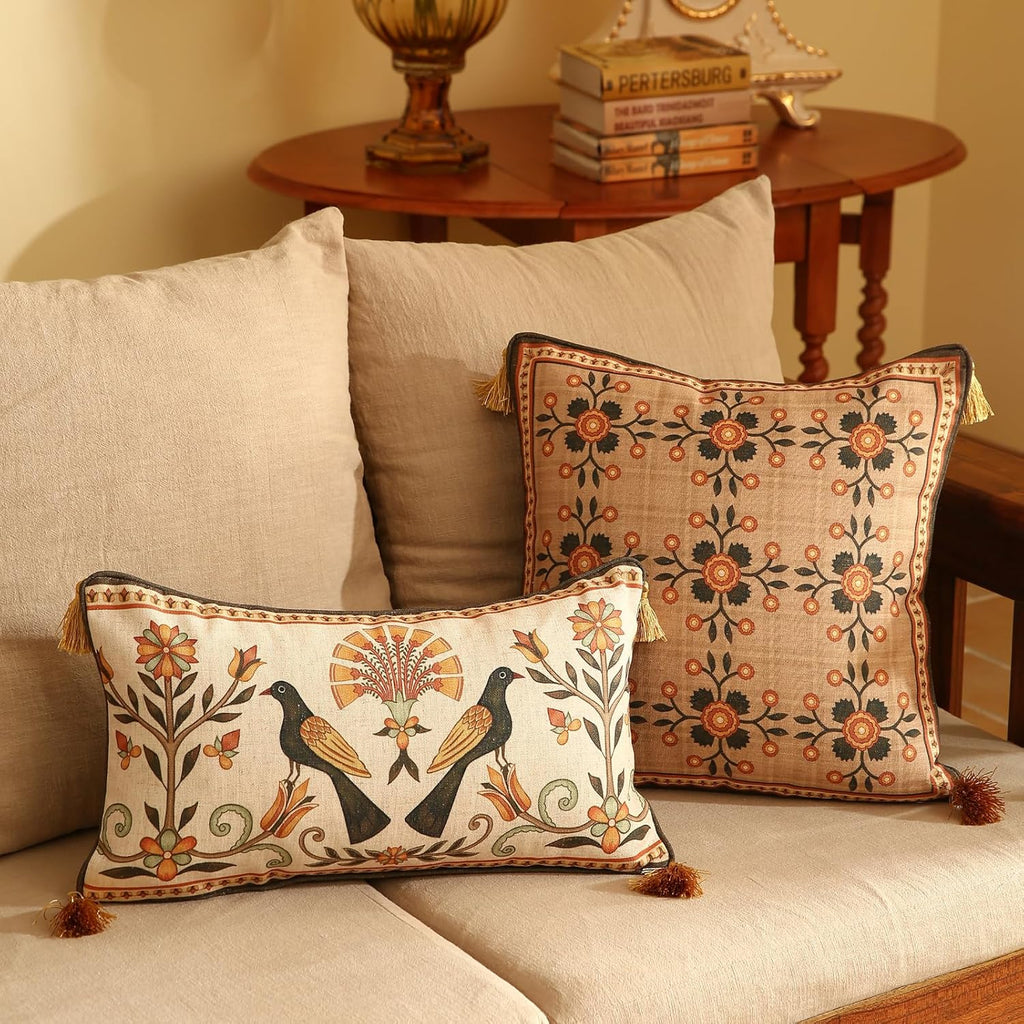 Brown Throw Pillow Covers Set of 2,Floral Farmhouse Linen Accent Pillows Cover for Couch Throw Pillows Case,Decorative Square Pillows for Couch Sofa Bed Chair Cushion Covers 18"x18"