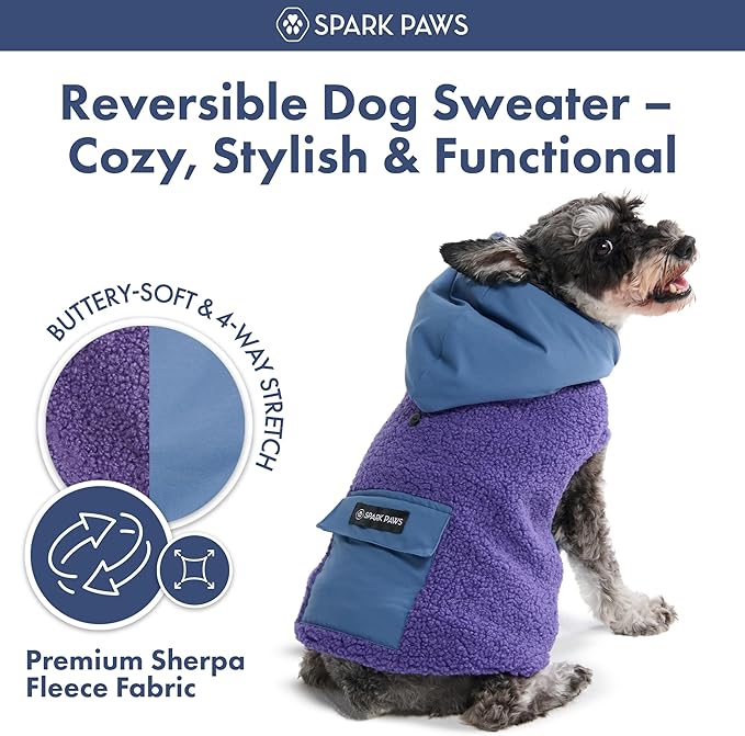 Spark Paws Reversible Dog Sweater, Sherpa Jacket Vest with Warm Fleece Lining, Warm Coat for Winter, Suitable for Small Medium, Large, XL XXL Dogs - Purple and Navy Blue - S