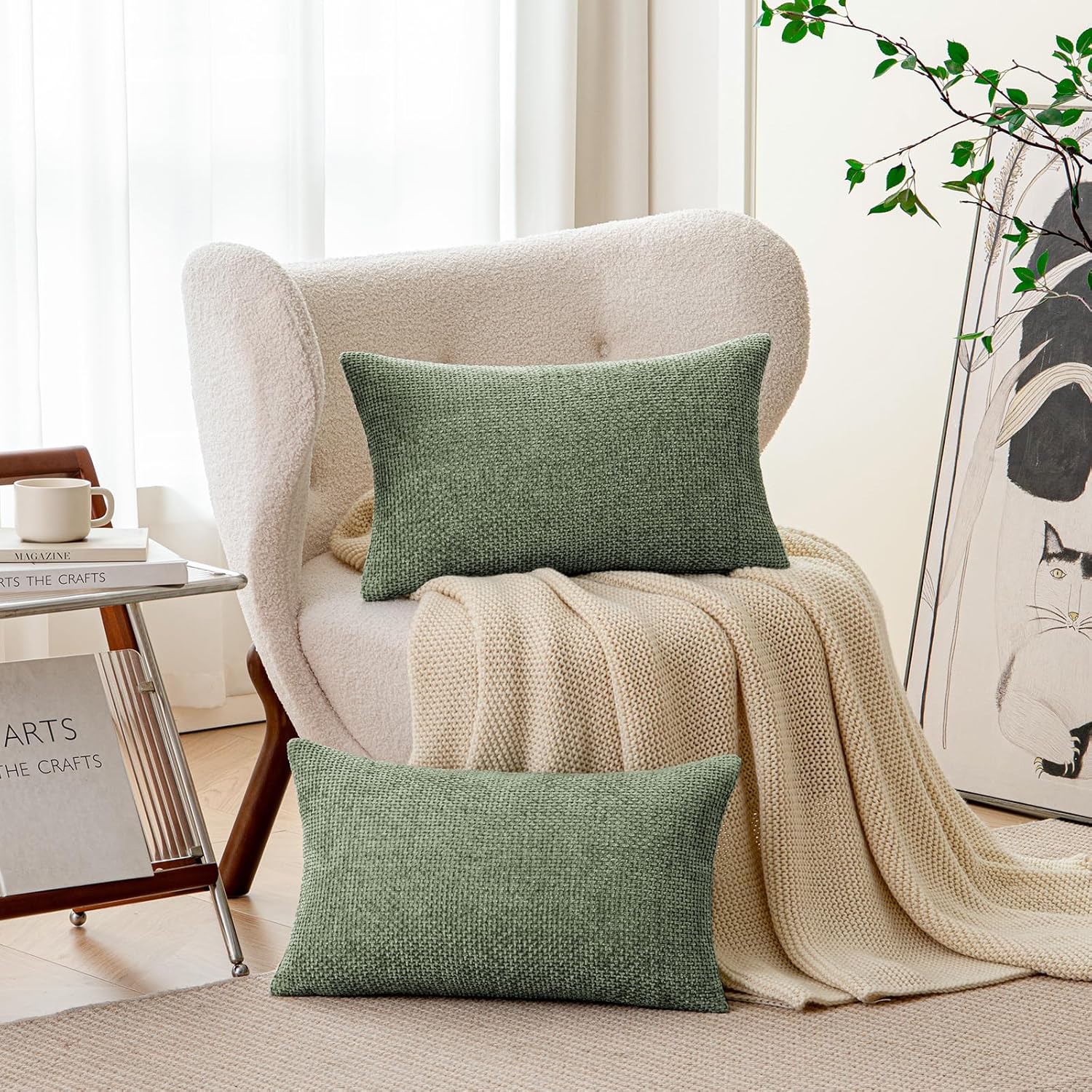 a moment Moss Green Chenille Throw Pillow Covers 12x20 Inch Pack of 2 Modern Decorative Throw Pillow Covers Farmhouse Cross Covers Home Decor for Sofa Bedroom Living Room