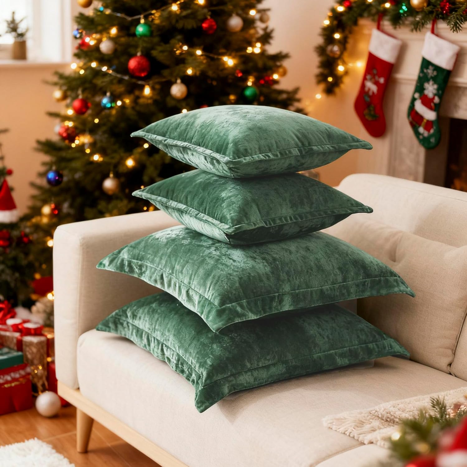 Luxurious Velvet Throw Pillow Covers 20x20 Set of 2 Decorative Pillow Covers Solid Square Cushion Case for Sofa Couch Bedroom Farmhouse, Green