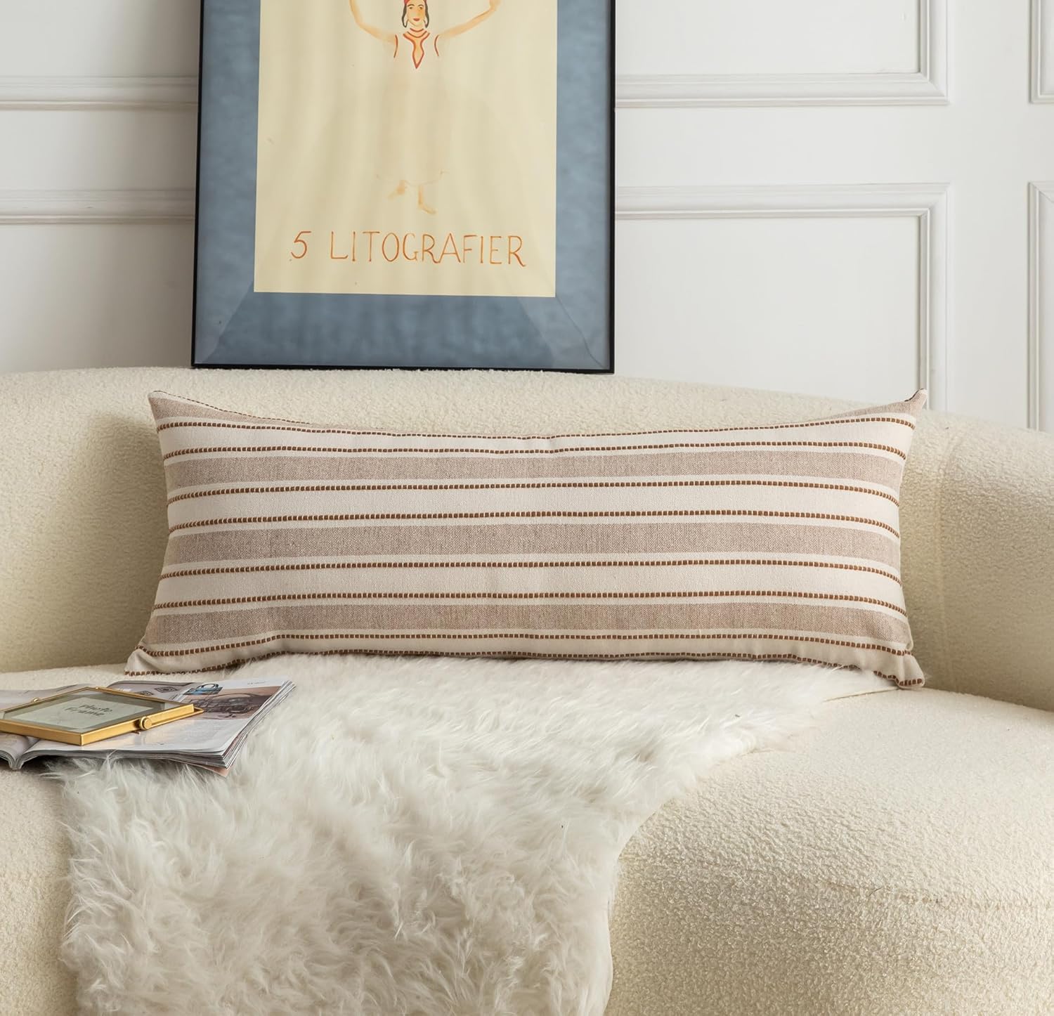 Decorative Boho Lumbar Pillow Covers, Modern Farmhouse Couch Pillowcase, 14 x 36 Long Accent Body Throw Pillow Covers, Sofa Bed Living Room Decor Cushion Case, Brown and Beige, Pack of 1